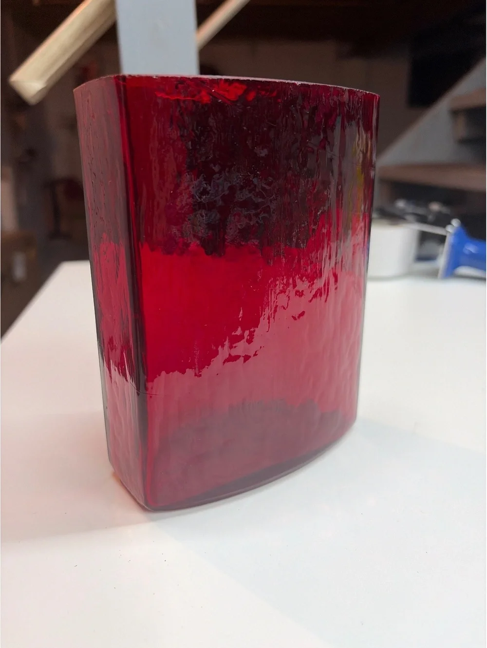 Ruby Red glass Rectangular Textured Vase 5.25”H